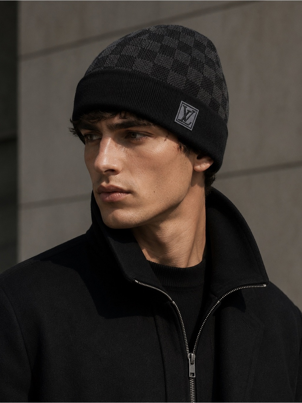 Louis Vuitton Charcoal & Black Damier Knit Cuff Beanie